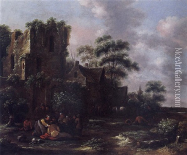 A Village Scene With Peasants And Their Children Near A Ruined Tower, A Tavern With Horsemen And Other Figures In The Background Oil Painting - Nicolaes Molenaer