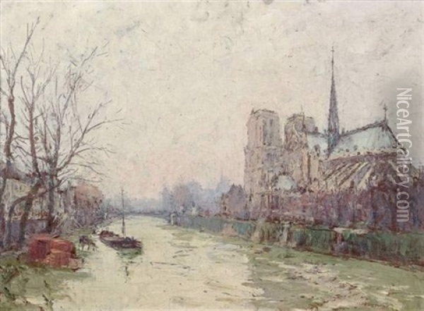 Notre Dame De Paris Vue Du Petit Pont Oil Painting - Rene Hanin