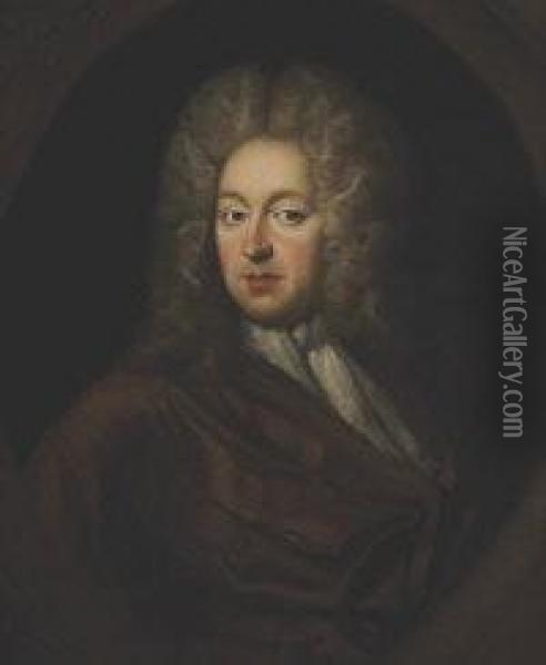 Portrait Of A Gentleman, Half Length, Wearing A Wig And Red Wrap, In A Painted Oval Oil Painting - Sir Godfrey Kneller