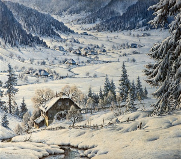 Alte Muhle Im Schnee Im Schwarzwald (old Mill In The Snow At The Black Forest) Oil Painting - Karl Hauptmann