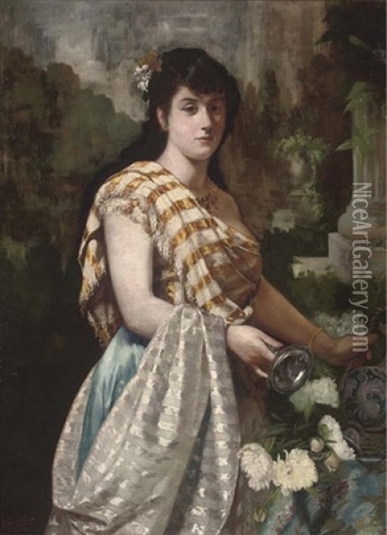 An Italian Maiden Filling A Ewer Oil Painting - Pietro Gabrini