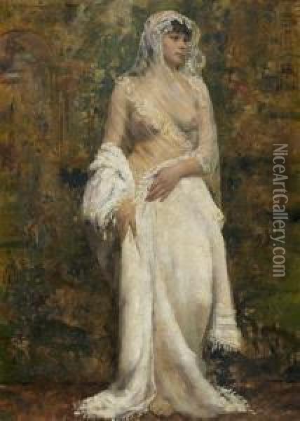 Portrait De Femme En Pied Au Voile Transparent Oil Painting - Henri Meurisse