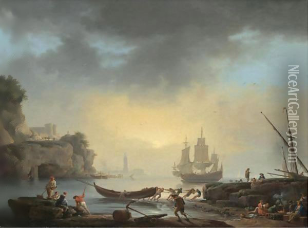 A Mediterranean Coastal Scene With Fishermen Bringing In Their Boats And A Man Of War At Anchor Beyond Oil Painting - Claude-joseph Vernet