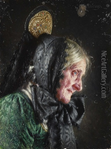Old Farmers Wife With Mob Cap Oil Painting - Carl Kronberger