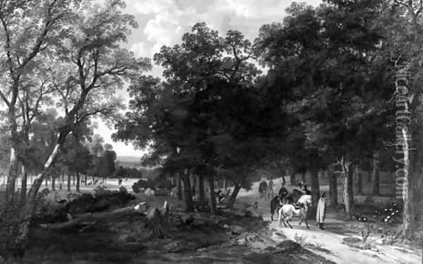 An extensive wooded landscape with huntsmen pausing on a track Oil Painting - Antoine Pierre Mongin