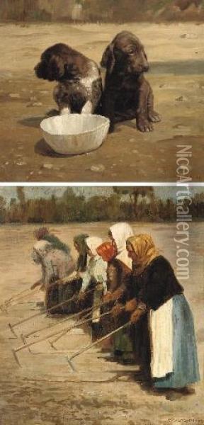 Spaniels With A Drinking Bowl; And Peasant Women Ploughing Oil Painting - Nikolai Alekseevich Bogatov