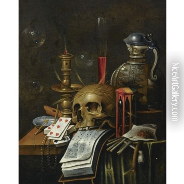 A Vanitas Still Life With An Hourglass, A Deck Of Cards, A Skull Resting On Music Sheets, An Ewer, A Flute, A Candlestick And Other Objects, All Arranged On A Partly-draped Table Top Oil Painting - Cornelis Norbertus Gysbrechts