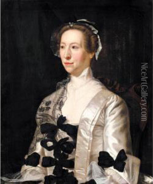 Portrait Of A Lady, Half Length, Wearing A White Satin Dress With Black Bows Oil Painting - Henry Pickering