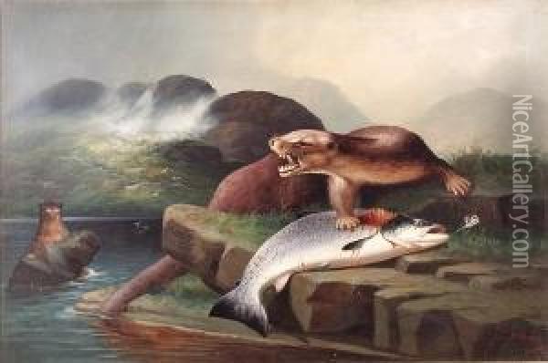 Otters With Salmon Oil Painting - John Russell