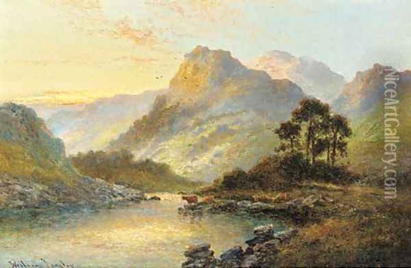 Cattle watering at dusk in a highland landscape Oil Painting - William Langley