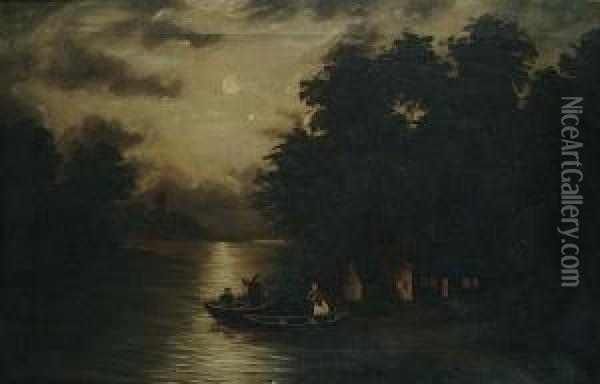 A Moonlit River With A Ferry Landing Passengers By A Cottage Oil Painting - H.L. Robinson
