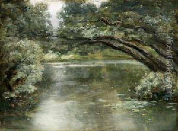 Lakeside Landscape With Lily Pads Oil On Woodpanel Oil Painting - Hippolyte Boulenger