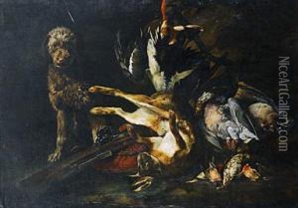Bodegon De Caza Con Perro De Agua, Aves Y Liebre Oil Painting - Baldassare De Caro