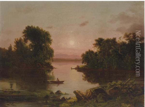 On The River, Sunset Oil Painting - Dewitt Clinton Boutelle