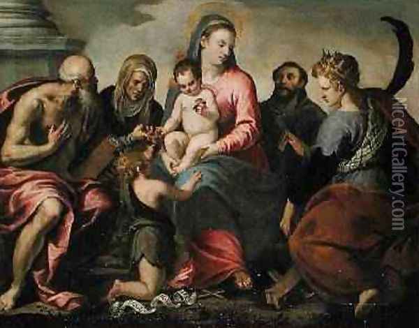 Virgin and Child surrounded by Saints Jerome, Elizabeth, John the Baptist, Francis and Catherine Oil Painting - Palma Vecchio (Jacopo Negretti)