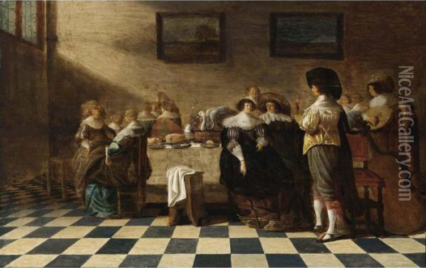 An Elegant Company Eating And Drinking At A Table, With A Man Playing Lute Oil Painting - Antonie Palamedesz