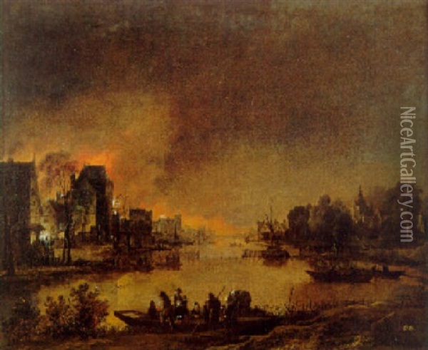 A Fire At Night In A Town On A River With A Ferry In The Foreground Oil Painting - Aert van der Neer