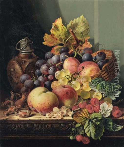 Hazelnuts, Peaches, Grapes, Raspberries, And Plums On A Wooden Ledge Oil Painting - Edward Ladell