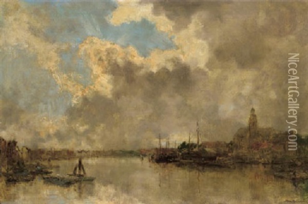 Dreigende Wolken: A Town By A River Oil Painting - Johan Hendrik van Mastenbroek