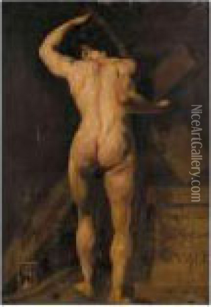 Study Of A Male Nude, Holding A 
Cross, With A Hour Glass By His Feet, And A Plinth To The Right Oil Painting - William Aikman