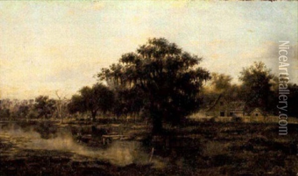 Louisiana Bayou Farm (bayou Teche?) With Majestic Oak Tree, Fisherman In Rowboat, Fenced Cabins And Out-buildings, And Cattle Oil Painting - William Henry Buck