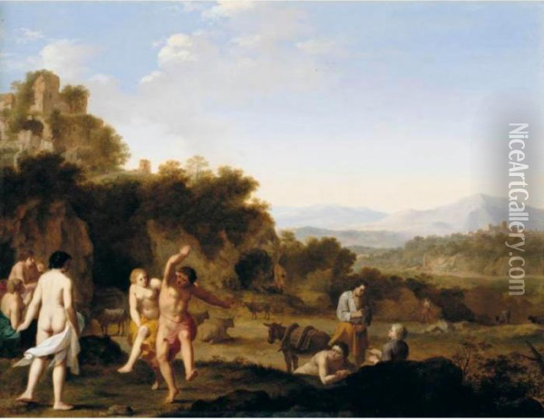 A Southern Landscape With Figures Dancing Before A Set Of Ruins, A Town Beyond Oil Painting - Cornelis Van Poelenburch