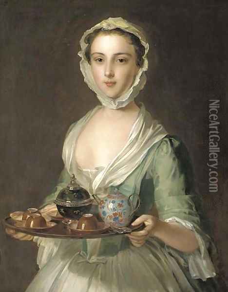 Portrait of a young woman, possibly Hannah, the artist's maid, holding a tea tray Oil Painting - Philipe Mercier