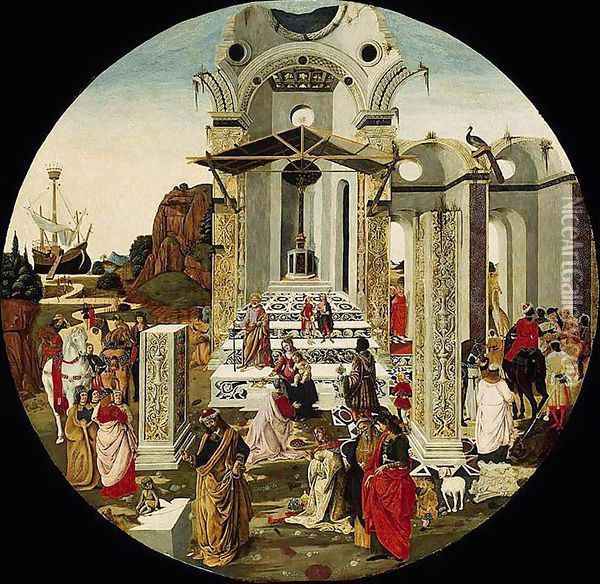 The Adoration of the Magi c. 1495 Oil Painting - Raffaello Botticini