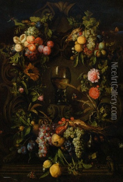 A Swag Of Grapes, Peaches, Plums And Lemons Decorating A Niche With A Roemer, With A Sparrow, Butterflies, Fly, Beetles And A Dragonfly Oil Painting - Jan Davidsz De Heem
