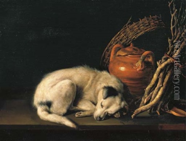 A Sleeping Dog Beside A Terracotta Jug, A Basket, A Pair Of Clogs And A Pile Of Kindling Wood Oil Painting - Gerrit Dou
