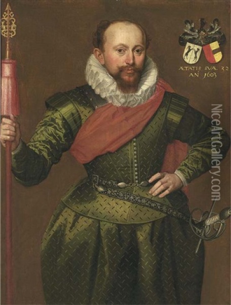 Portrait Of A Captain Of The Trainband, Three-quarter-length, In Green Doublet And Breeches Oil Painting - Marcus Gerards the Younger