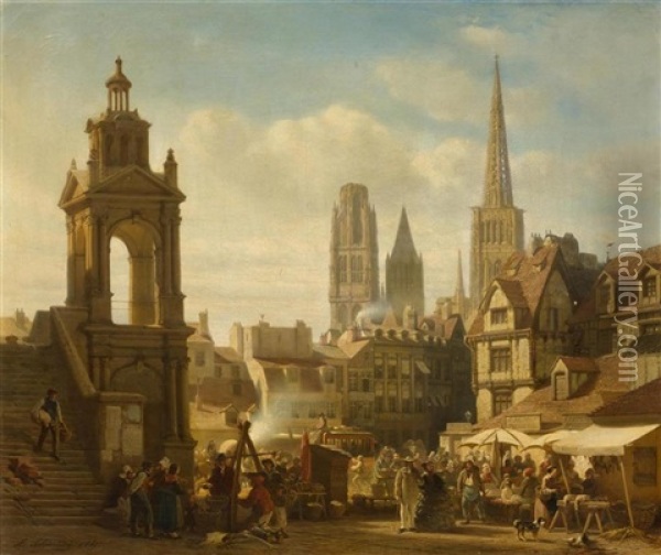 Belebte Stadtansicht Von Rouen Oil Painting - Albert Schwendy