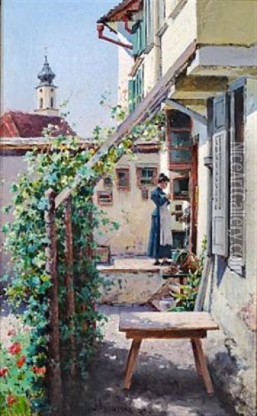 A Yard (lindau) Oil Painting - Aleksei Danilovich Kivshenko