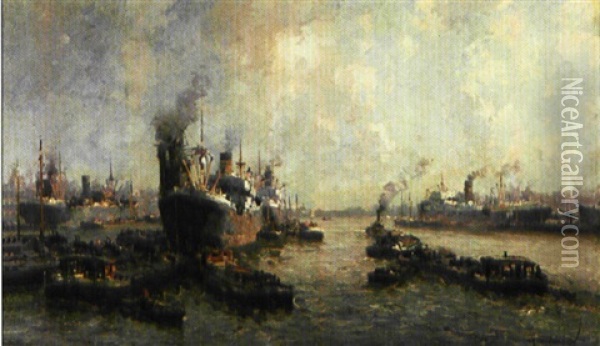 Schepen In De Haven Von Rotterdam Oil Painting - Gerard Delfgaauw