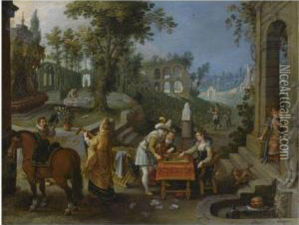 A Palace Garden With Elegant Figures Playing Backgammon Oil Painting - Sebastien Vrancx