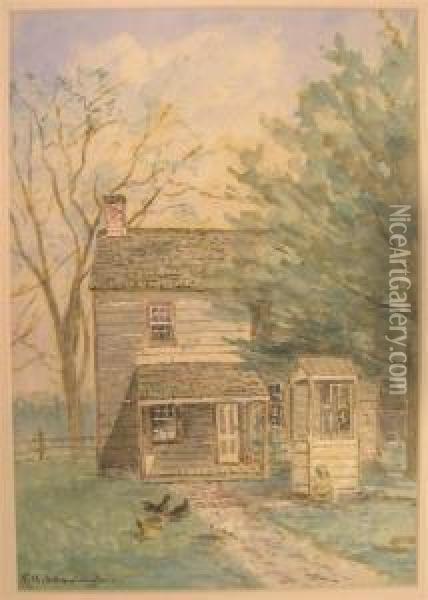 House With Chickens In Yard Oil Painting - F. H. Shapleigh