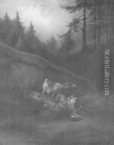 Spielende Fuchse Vor Einer Waldkulisse Oil Painting - Carl Pischinger