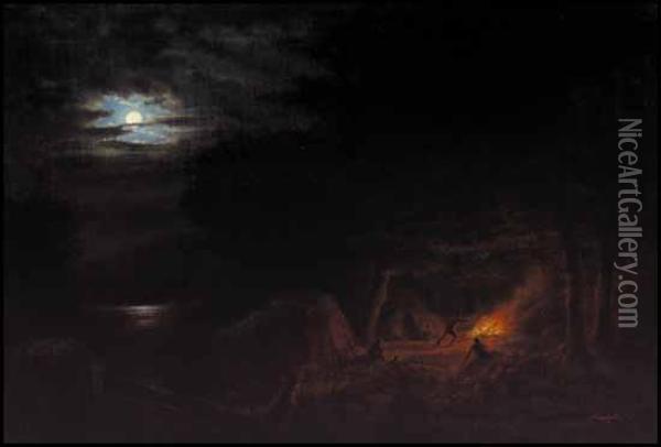 Camp Scene At Night Oil Painting - Cornelius Krieghoff