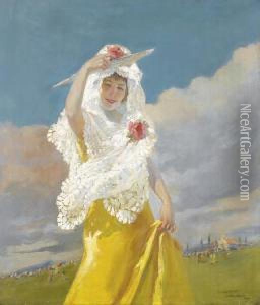 Espaaola Con Mantilla (the White Mantilla) Oil Painting - Julio Vila y Prades