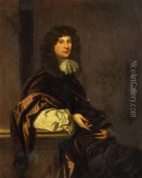 A Portrait Of A Gentleman, Seated, Wearing A Brown Robe, His Arm Resting On A Pedestal Oil Painting - John Greenhill
