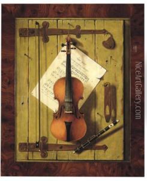 Trompe L'oeil
 With A Violin And Bow, A Piccolo, A Sheet Of Music And Other Objects Pinned To A Wooden Door Oil Painting - William Michael Harnett