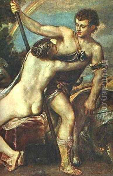 Venus And Adonis Detail After 1560 Oil Painting - Tiziano Vecellio (Titian)