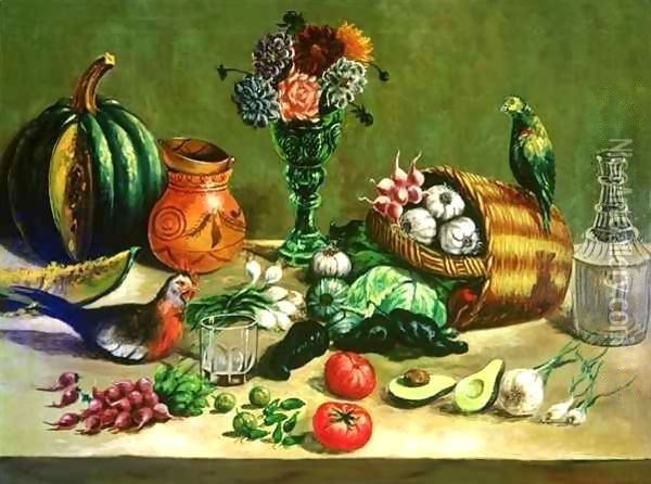 Still life with Pigeon, Parakeet and Vegetables Oil Painting - Jose Agustin Arrieta