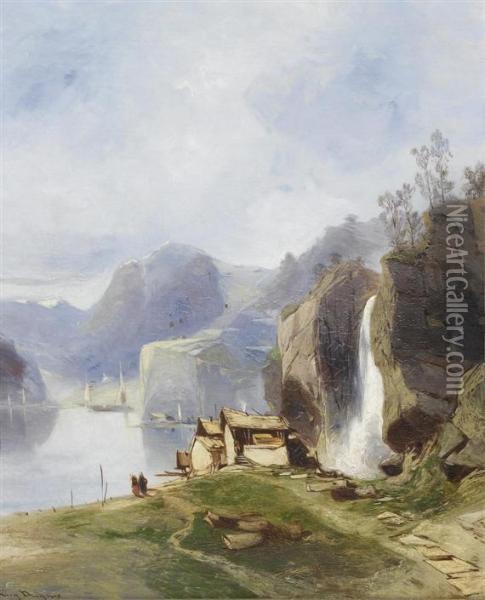 Waterfall. Oil Painting - Eugene Deshayes