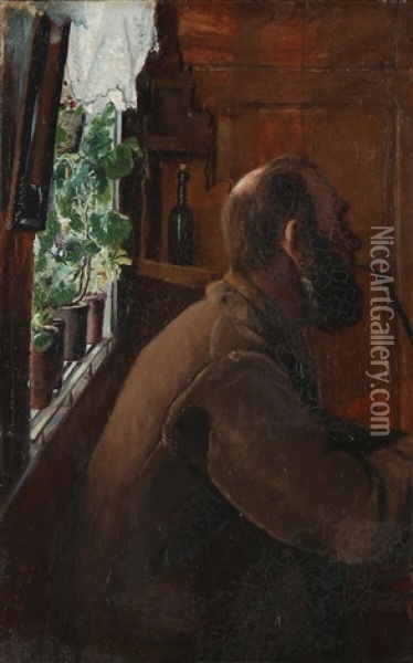 A Man Sitting By A Window Whilst Smoking A Pipe Oil Painting - Laurits Andersen Ring