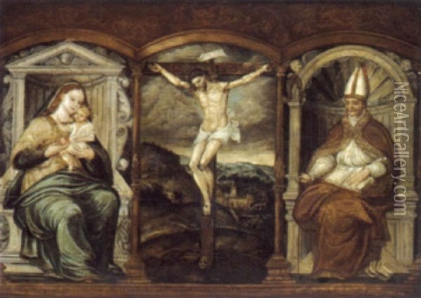 Der Gekreuzigte Christus Zwischen Maria Mit Dem Kind Und Einem Heiligen Bischof Oil Painting - Pedro Campana