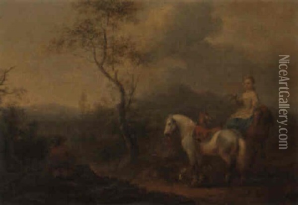 Landscape With A Lady And Gentleman Hawking Oil Painting - August Querfurt