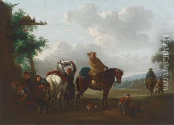 Travellers At Halt By A Blacksmith's Cottage Oil Painting - Pieter Wouwermans or Wouwerman