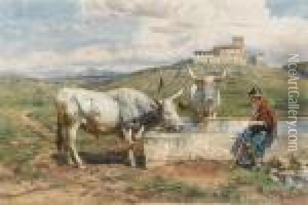 Boy And Oxen Watering At A Trough In The Roman Campagna Oil Painting - Enrico Coleman