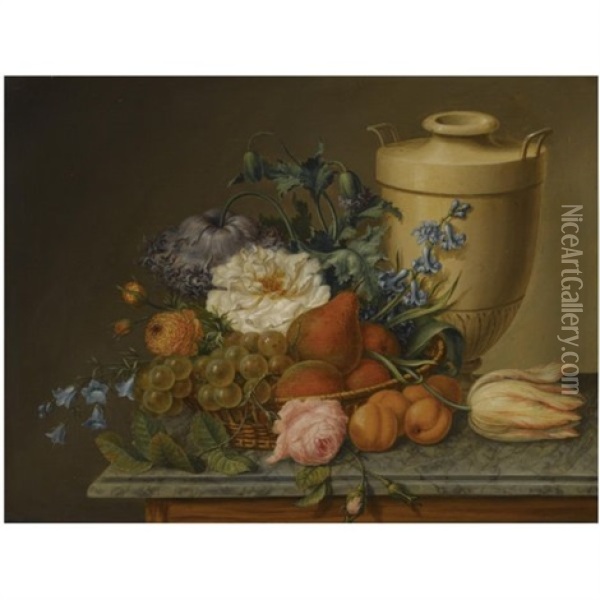 A Still Life With Peonies, Roses, Bluebells, Pears And Grapes In A Basket Together With An Urn, All On A Marble Ledge Oil Painting - Joseph-Laurent Malaine